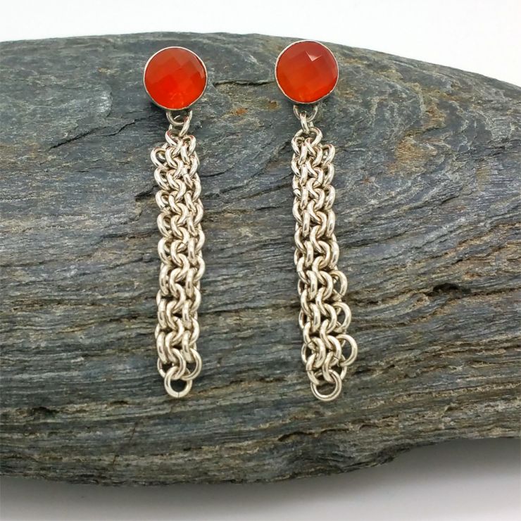Carnelian Argentium Chainmaille Earring